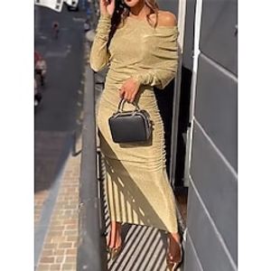 Women's Prom Dress Party Dress Wedding Guest Dress Long Dress Maxi Dress Gold Long Sleeve Pure Color Ruched Spring Fall Winter Off Shoulder Fashion Winter Dress Wedding Guest Evening Party 2023 S M L Lightinthebox