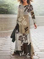 Round Neck Casual Loose Floral Print Long Sleeve Maxi Dress