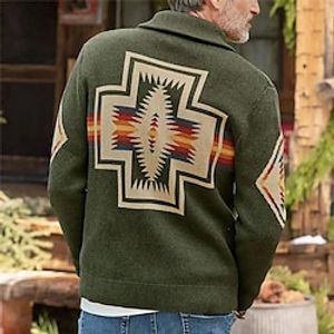 Geometry Ethnic Retro Vintage Men's Print Button Knitting Cardigan Sweater Knitwear Cowichan cardigan sweater Outdoor Daily Vacation Long Sleeve V Neck Sweaters Army Green Fall Winter S M L Sweaters Lightinthebox