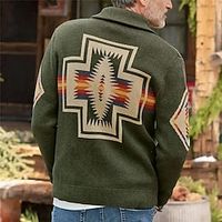 Geometry Ethnic Retro Vintage Men's Print Button Knitting Cardigan Sweater Knitwear Cowichan cardigan sweater Outdoor Daily Vacation Long Sleeve V Neck Sweaters Army Green Fall Winter S M L Sweaters Lightinthebox - thumbnail