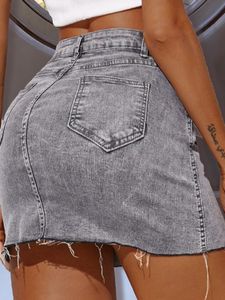 Grey Side Pockets Denim Skirt