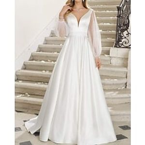 A-Line Wedding Dresses V Neck Floor Length Satin Tulle Long Sleeve Simple with 2022 Lightinthebox