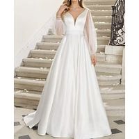 A-Line Wedding Dresses V Neck Floor Length Satin Tulle Long Sleeve Simple with 2022 Lightinthebox - thumbnail