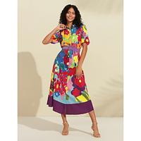 Rainbow Floral Print Belted Midi Shirt Dress Lightinthebox