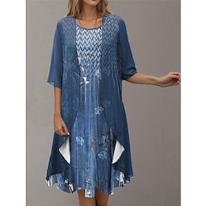 Women's Two Piece Dress Set Casual Dress Chiffon Dress Outdoor Holiday Fashion Modern Print Midi Dress Crew Neck Half Sleeve Floral Loose Fit Blue Purple Brown Spring S M L XL XXL Lightinthebox