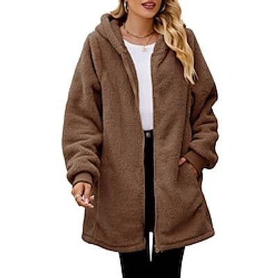 Women's Zip Hoodie Sweatshirt Fleece Jacket Fleece Flannel Plain Teddy Fuzzy Pocket Zip Up Black Brown Army Green Street Casual Hoodie Long Sleeve Top Micro-elastic Fall  Winter Lightinthebox