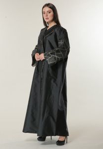 Black Coat style abaya with Jaquard Sleeves and Pipin (L)