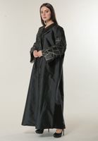 Black Coat style abaya with Jaquard Sleeves and Pipin (L) - thumbnail
