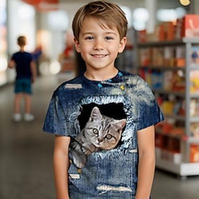Boys 3D Animal Cat Tee Short Sleeve Summer Active Vacation Sports Polyester Kids 3-12 Years School Outdoor Casual Lightinthebox