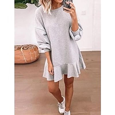 Women's Red Christmas Dress Sweatshirt Dress Mini Dress Active Fashion Outdoor Vacation Going out Crew Neck Ruffle Pure Color Regular Fit Black Apricot Gray S M L XL XXL Lightinthebox