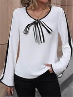 Women's Elegant Lace-up Black And White Contrast Color Blouses With Bow