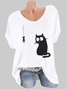 Round Neck Cat Print Short Sleeve T-shirt