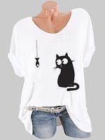 Round Neck Cat Print Short Sleeve T-shirt - thumbnail