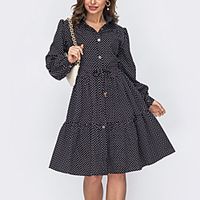 Women's A Line Dress Knee Length Dress Black Long Sleeve Polka Dot Button Spring Summer Shirt Collar Stylish Casual Modern 2022 S M L XL XXL miniinthebox - thumbnail