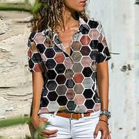 Women's Shirt Blouse Geometric Daily Button Pocket Print Black Short Sleeve Casual Shirt Collar Spring Summer Lightinthebox - thumbnail