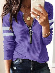 V Neck Zip-up Striped Long Sleeve Pullover