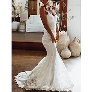 Beach Boho Wedding Dresses Mermaid  Trumpet Camisole Sleeveless Sweep  Brush Train Lace Bridal Gowns With Pleats 2023 Summer Wedding Party, Women's Clothing Lightinthebox