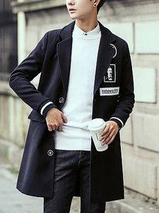 Men Lapel Flap Pocket Decorative Patch Longline Coat