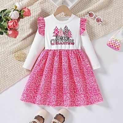 Christmas Girls' 3D Christmas Tree Ruffle Dress Long Sleeve 3D Print Fall Winter Sports  Outdoor Daily Holiday Cute Casual Beautiful Kids 3-12 Years Casual Dress A Line Dress Above Knee Polyester Lightinthebox