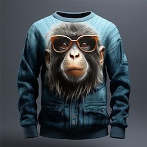 Graphic Orangutan Men's Fashion 3D Print Golf Pullover Sweatshirt Holiday Vacation Going out Sweatshirts Blue Dark Blue Crew Neck Print Spring   Fall Designer Hoodie Sweatshirt Lightinthebox