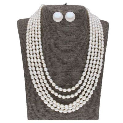 Sri Jagdamba Pearls Rose 5 Lines Oval Pearl Set - JPJUN-20-257