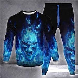 Men's Tracksuit Sweatsuit Hoodies Set Pink Blue Orange Green Crew Neck Graphic Skull Flame 2 Piece Print Sports  Outdoor Casual Sports 3D Print Basic Streetwear Sportswear Fall Spring Clothing miniinthebox