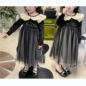 Kids Girls' Party Dress Solid Color Long Sleeve Formal Performance Special Occasion Ruched Mesh Adorable Princess Beautiful Cotton Maxi Party Dress Spring Fall Winter 3-8 Years Black Lightinthebox