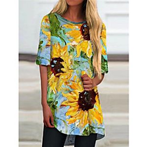 Women's T shirt Sunflower Round Neck Tops Basic Basic Top Yellow miniinthebox