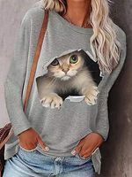 Fashion Cat Print Round Neck Long Sleeve Casual T-shirt