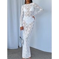 Women's White Dress Lace Dress Casual Dress Long Dress Maxi Dress Lace Patchwork Street Holiday Date Streetwear Maxi Crew Neck Long Sleeve Slim Black White Color S M L Size Lightinthebox