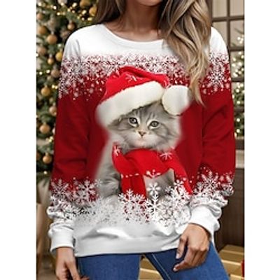 Ugly Christmas Sweatshirt Women's Sweatshirt Pullover Cat Snowflake Sportswear Funny Festival Print Yellow Red Blue Christmas Casual Round Neck Long Sleeve Top Micro-elastic Fall  Winter Lightinthebox