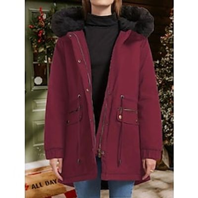 Women's Christmas Parka Xmas Red Fleece Lined Puffer Jacket with Fur Collar Hood Thermal Warm Zip up Hoodie Long Sleeve Fall Black Wine Army Green Lightinthebox