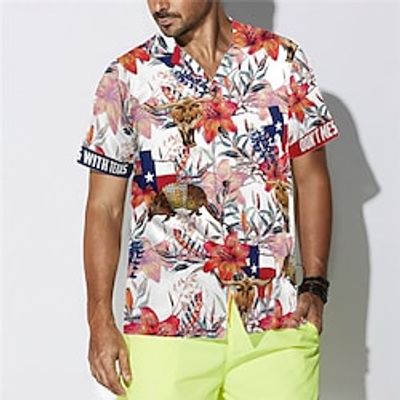 Men's Shirt Summer Hawaiian Shirt Flag Floral Graphic Prints Turndown Red Casual Holiday Short Sleeve Button-Down Print Clothing Apparel Tropical Fashion Streetwear Hawaiian miniinthebox