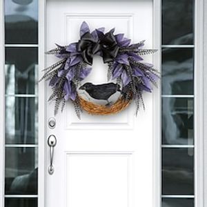 Halloween Bowknot Crow Wreath Door Hanging Simulation Rattan Wreath Horror Party Decoration Hanging Accessories Halloween Decoration Atmosphere Landscape Layout Wreath Door Hanging Crow miniinthebox