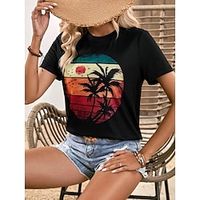 Women's T shirt Tee 100% Cotton Graphic Casual Weekend Black Print Short Sleeve Fashion Hawaiian Crew Neck Regular Fit Summer Lightinthebox