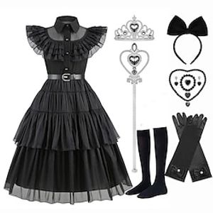 Wednesday Addams Addams family Wednesday Dress Cosplay Costume Outfits Girls' Movie Cosplay Punk  Gothic Black 4 Black 1 Black 3 Dress Gloves Socks Halloween Masquerade Polyester Lightinthebox
