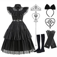 Wednesday Addams Addams family Wednesday Dress Cosplay Costume Outfits Girls' Movie Cosplay Punk  Gothic Black 4 Black 1 Black 3 Dress Gloves Socks Halloween Masquerade Polyester Lightinthebox - thumbnail