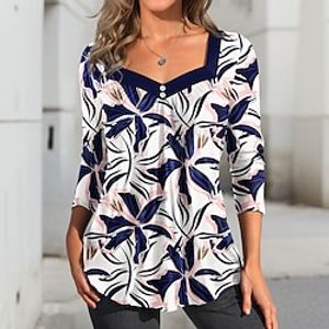 Women's T shirt Tee Floral Blue Purple Green Print Button Long Sleeve Casual Holiday Fashion Square Neck Regular Fit Spring   Fall Lightinthebox