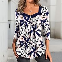 Women's T shirt Tee Floral Blue Purple Green Print Button Long Sleeve Casual Holiday Fashion Square Neck Regular Fit Spring   Fall Lightinthebox - thumbnail