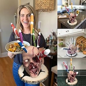 Skull Kitchen Storage Holder Creepy Kitchen Tools Holders Funny Storage Rack Kitchen Knife Block Holder Rack for Kitchen Cutlery Display Organizer Party Halloween Ornament Lightinthebox