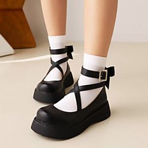 Women's Flats Lolita Bowknot Buckle Flat Heel Round Toe Preppy Minimalism Daily PU Leather Buckle Spring Summer Solid Colored White Black Pink Lightinthebox