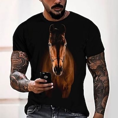Men's T shirt Tee Tee Graphic Animal Horse Round Neck Black 3D Print Casual Daily Short Sleeve 3D Print Clothing Apparel Fashion Casual Classic Comfortable / Summer / Summer miniinthebox