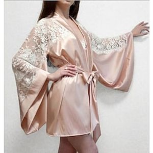 Women's Plus Size Robes Gown Bathrobes Nighty Silk Kimono 1 PCS Pure Color Simple Casual Comfort Party Home Wedding Party Satin Gift Long Sleeve Lace Belt Included Spring Summer Pink miniinthebox