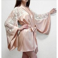Women's Plus Size Robes Gown Bathrobes Nighty Silk Kimono 1 PCS Pure Color Simple Casual Comfort Party Home Wedding Party Satin Gift Long Sleeve Lace Belt Included Spring Summer Pink miniinthebox - thumbnail