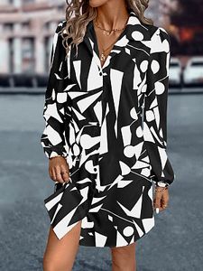 Women's Geometric Color Block Print Lantern Sleeve Shirt Dress