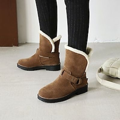 Women's Boots Snow Boots Combat Boots Daily Fleece Lined Booties Ankle Boots Chunky Heel Round Toe Fashion PU Loafer Solid Color Black Brown Lightinthebox
