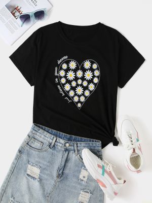 BASIC Plus Size Black Crew Neck Calico Letter Short Sleeves Tee