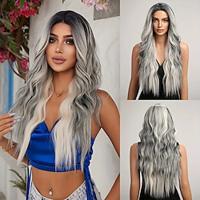 Wig Natural Wave Asymmetrical With Bangs Wig Short Grey Synthetic Hair Women's Classic Dark Gray 26 Inch Ombre Wig Long Curly Wavy Wig Lightinthebox