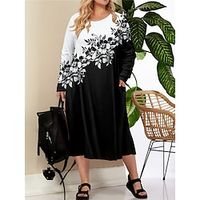 Women's Plus Size Curve Casual Dress Winter Dress T Shirt Dress Tee Dress Floral Midi Dress Long Sleeve Print Pocket Crew Neck Fashion Outdoor Black Navy Blue Fall Winter L XL 2XL 3XL 4XL Lightinthebox - thumbnail