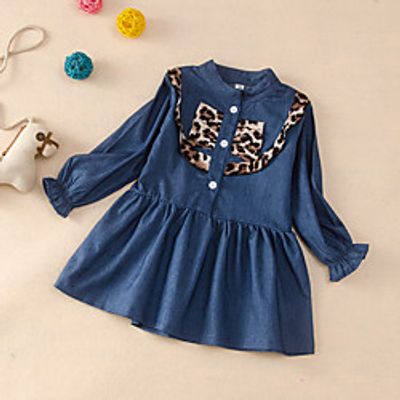 Kids Little Girls' Dress Leopard Print Blue Knee-length Long Sleeve Active Dresses Summer Regular Fit 2-8 Years miniinthebox